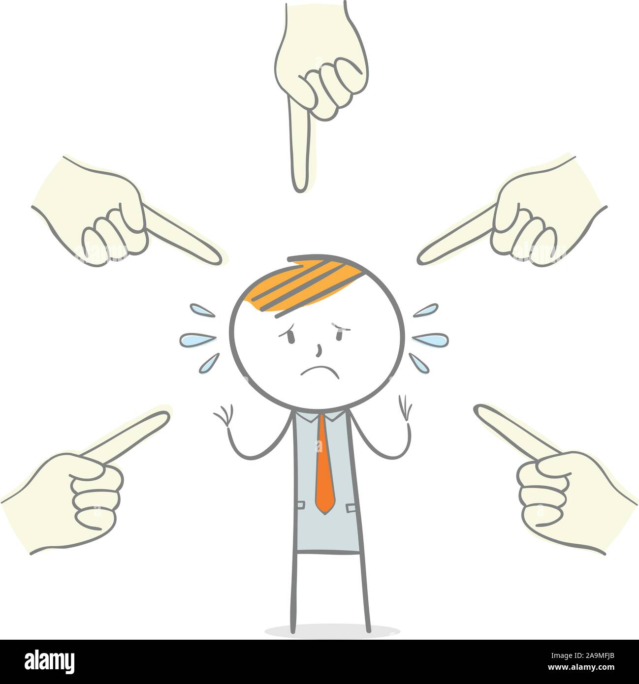 Doodle stick figure: Giant hands pointing at businessman Stock Vector