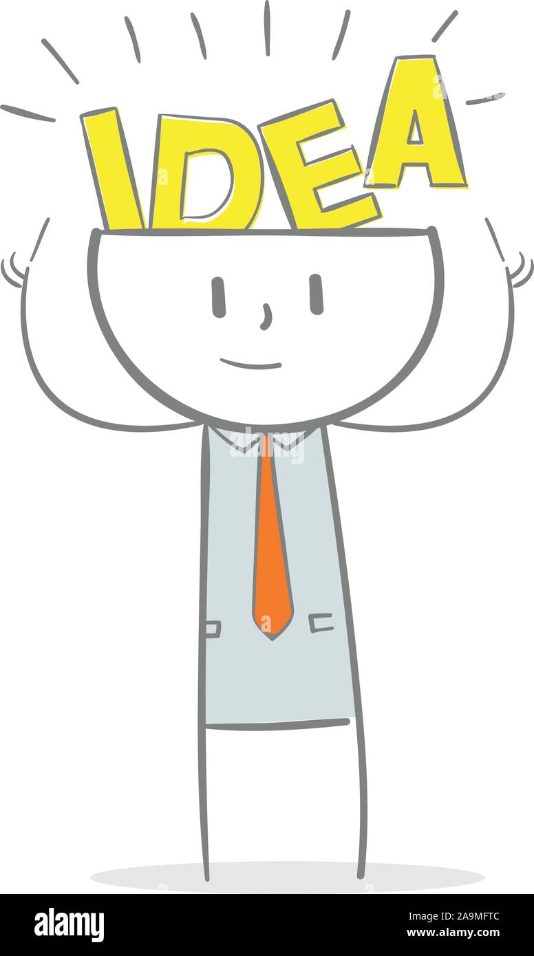 Doodle stick figure: Creative businessman concept. with word idea on his brain Stock Vector
