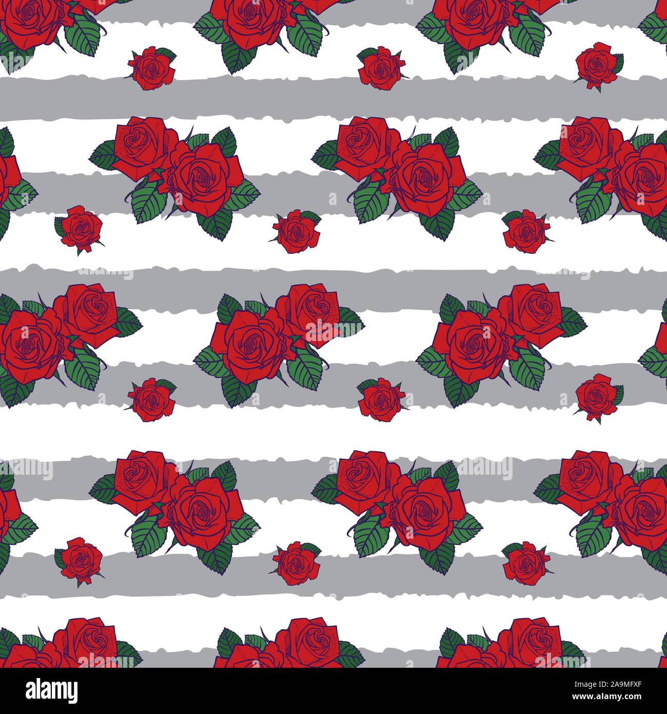 Vector Red Roses And Green Leaves With Grey And White Stripes Background Seamless Pattern Perfect For Fabric Scrapbooking And Wallpaper Projects Stock Vector Image Art Alamy