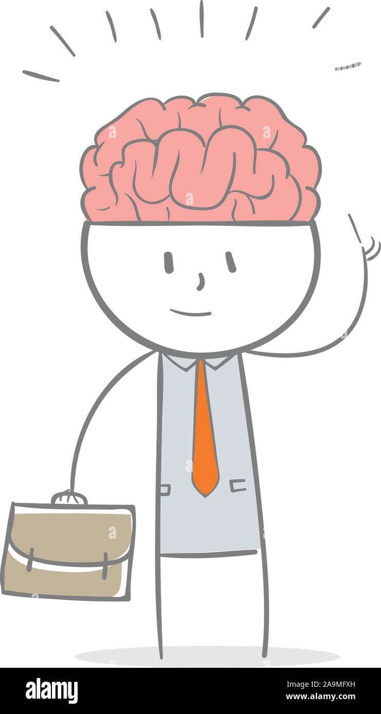 Doodle stick figure: Business man with big brain, a genius business man metaphor Stock Vector