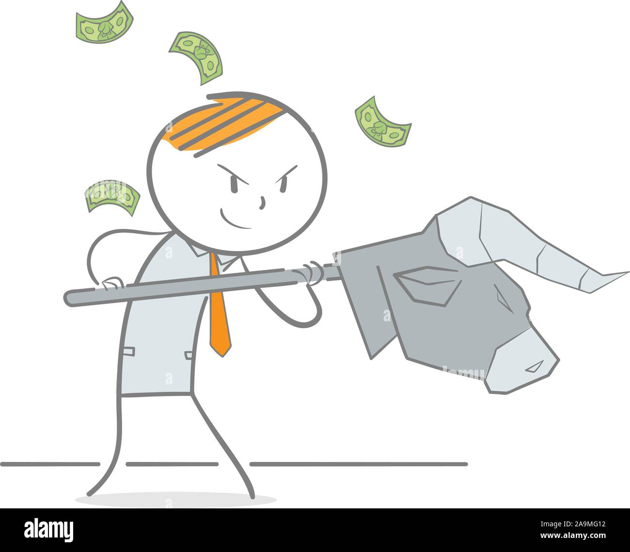 Doodle illustration of a business man with a bull head as a weapon fighting Stock Vector