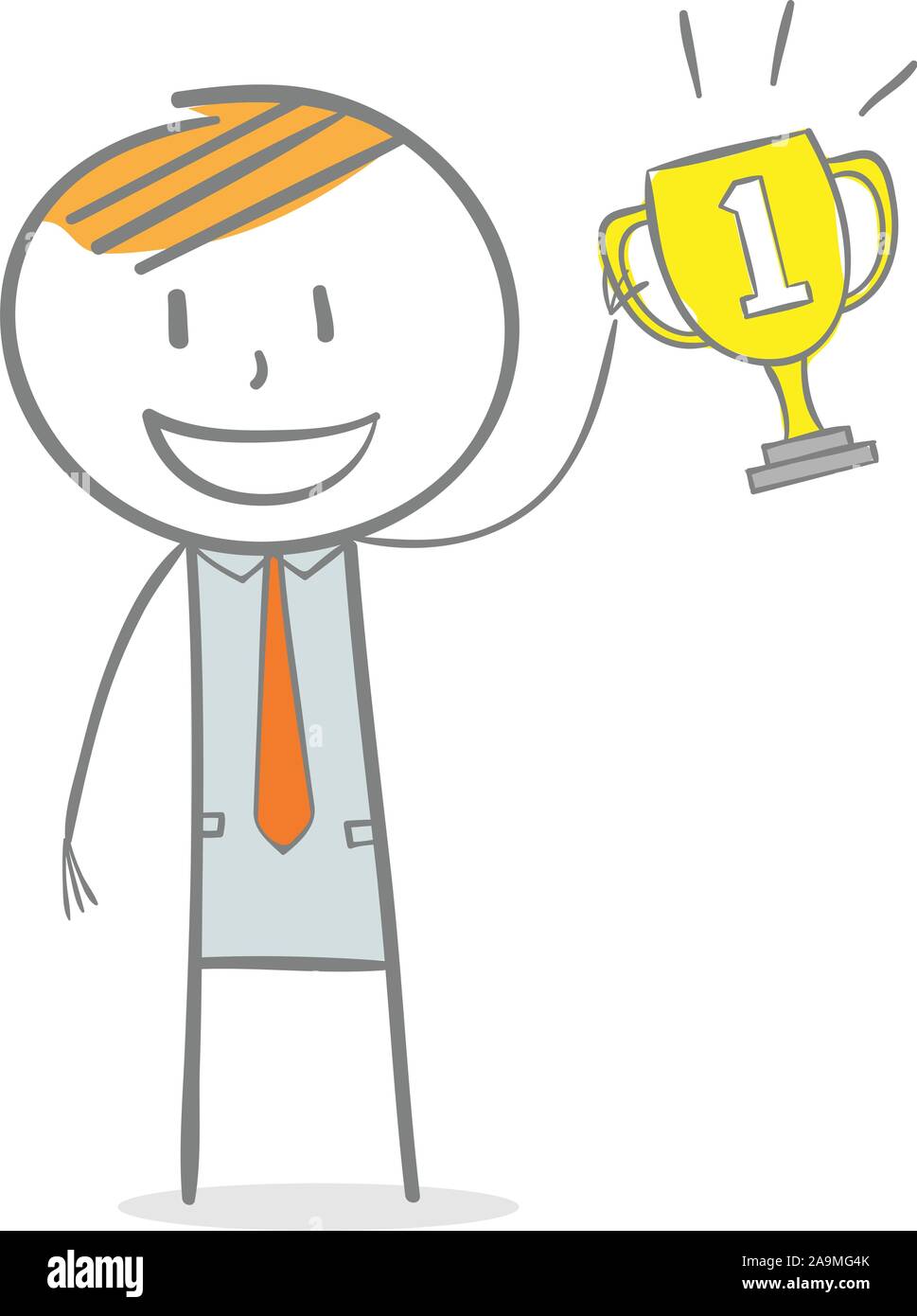 Doodle stick figure: First place. Businessman holding a trophy Stock Vector