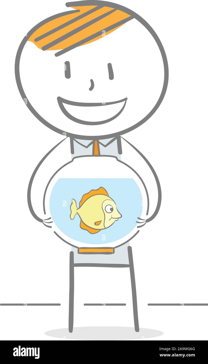 Doodle illustration of a businessman holding an fish bowl Stock Vector