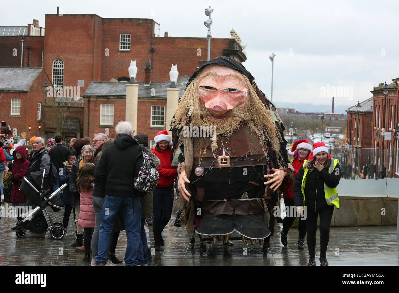 Oldham, UK. 16th November, 2019.   The annual Santa's Reindeer Parade takes place with 'Christmas around the world' as the theme.  Dobcross Silver Band and Oldham Scottish Pipe Band provided the music.  Oldham, Lancashire, UK. Credit: Barbara Cook/Alamy Live News Stock Photo