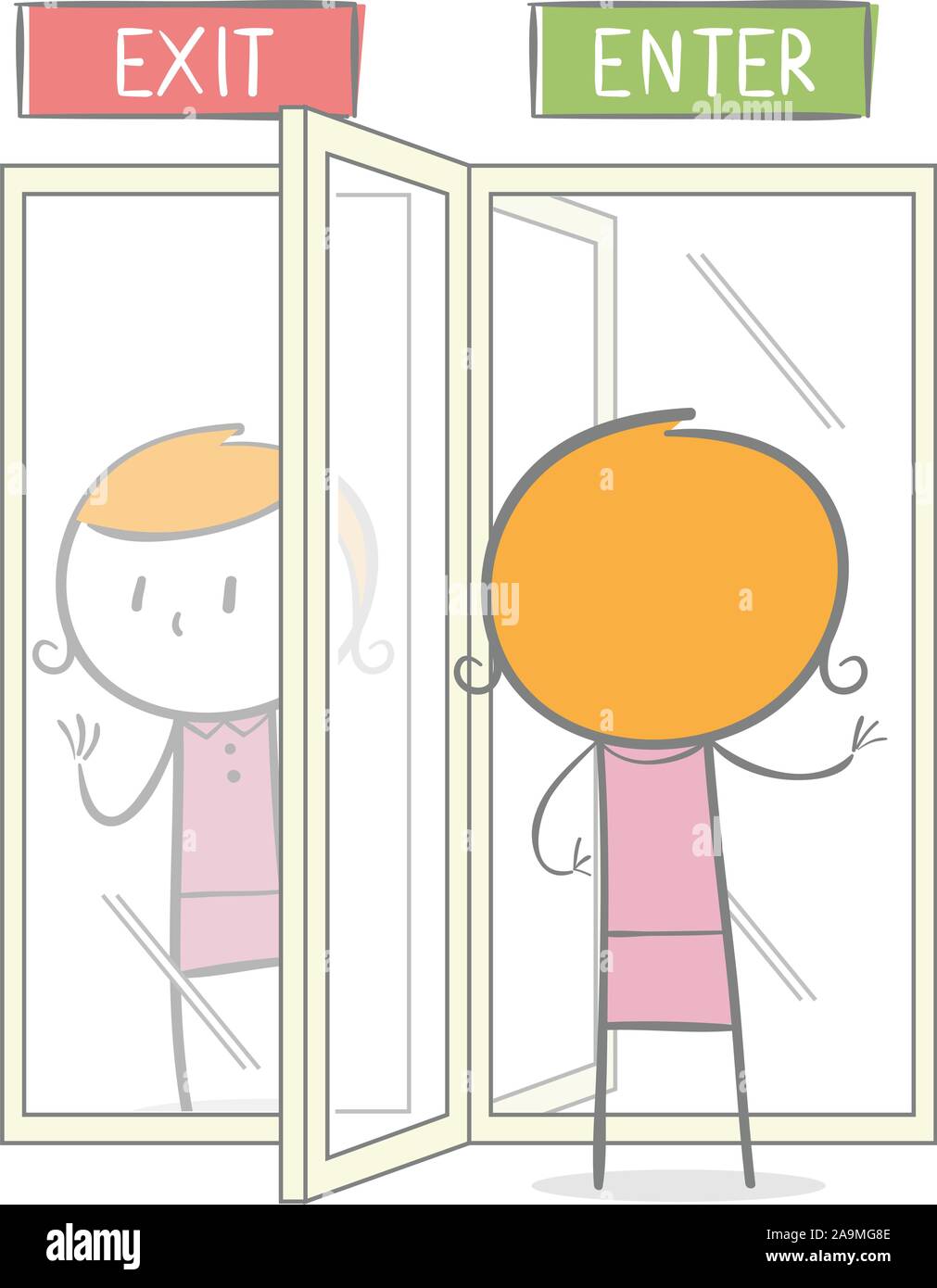 Doodle stick figure: A woman entering a revolving door while on the other side whe want to getting out. Stock Vector