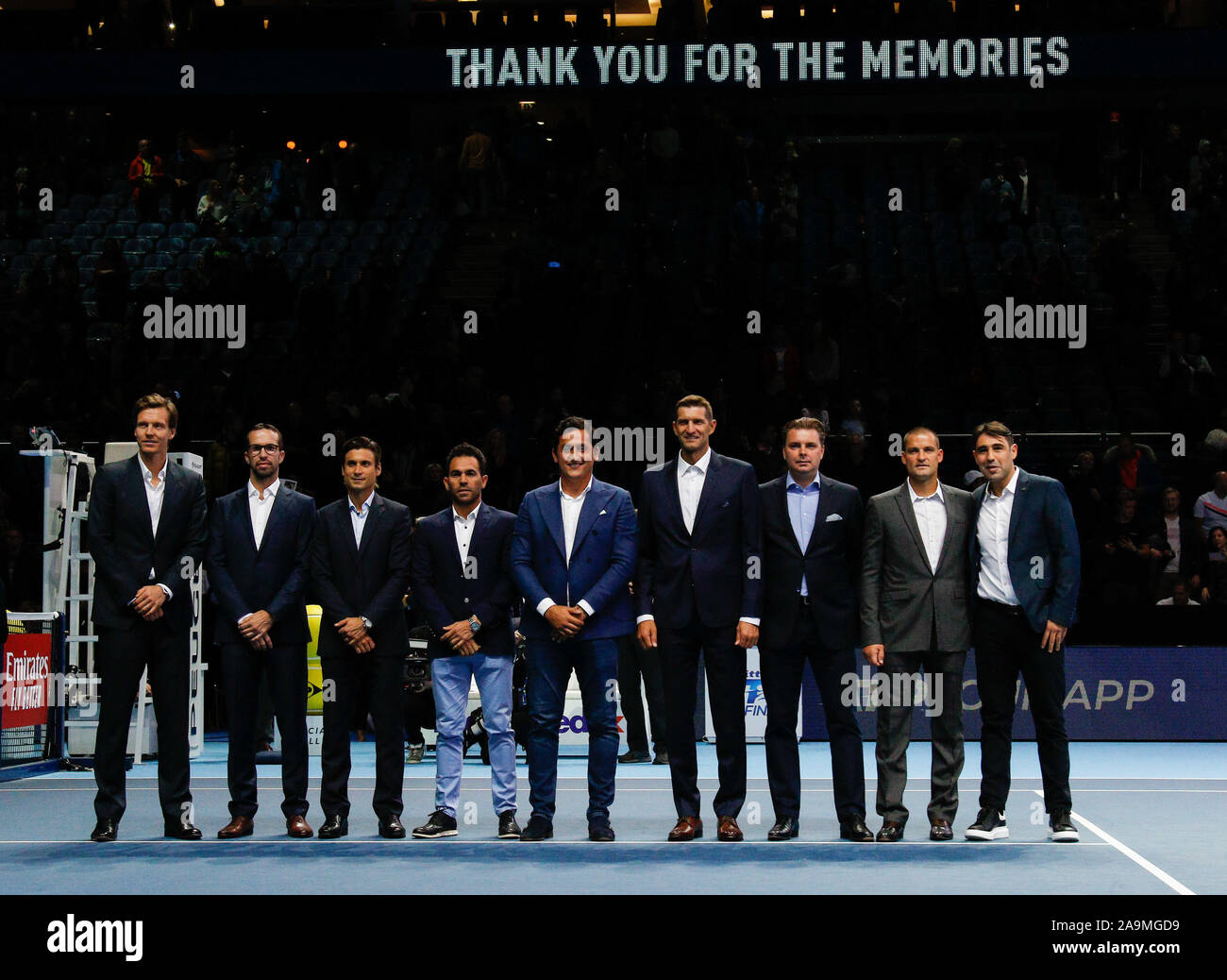 Arena. London, UK. 16th Nov, 2019. Nitto ATP Tennis Finals; A presentation  on court to honour the players who have given many years of service on the ATP  Tour: Nicolas Almagro, Marcos