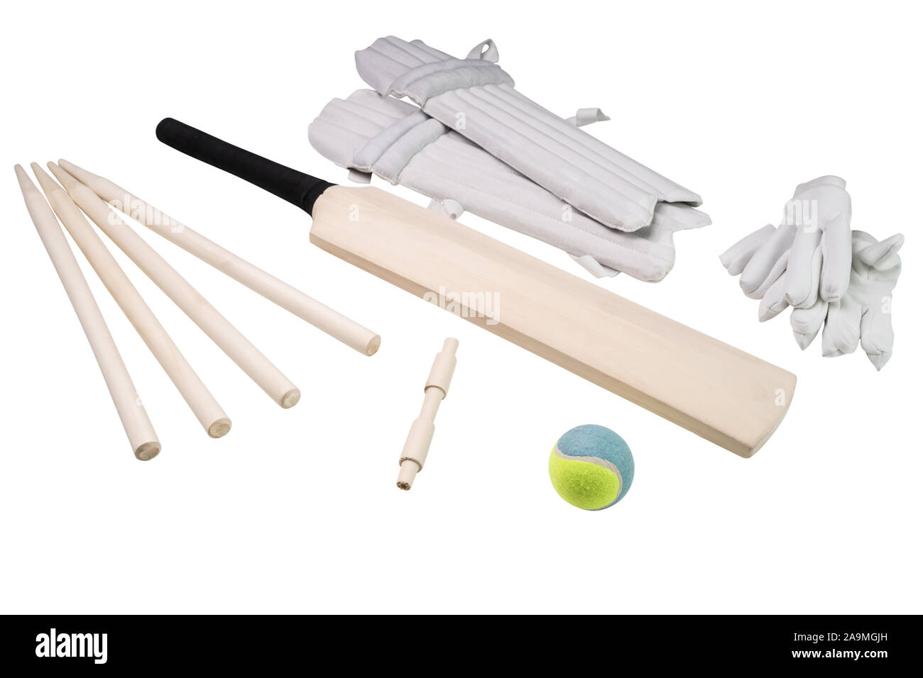 Overhead View Of Cricket Accessories And Tools Isolated On White