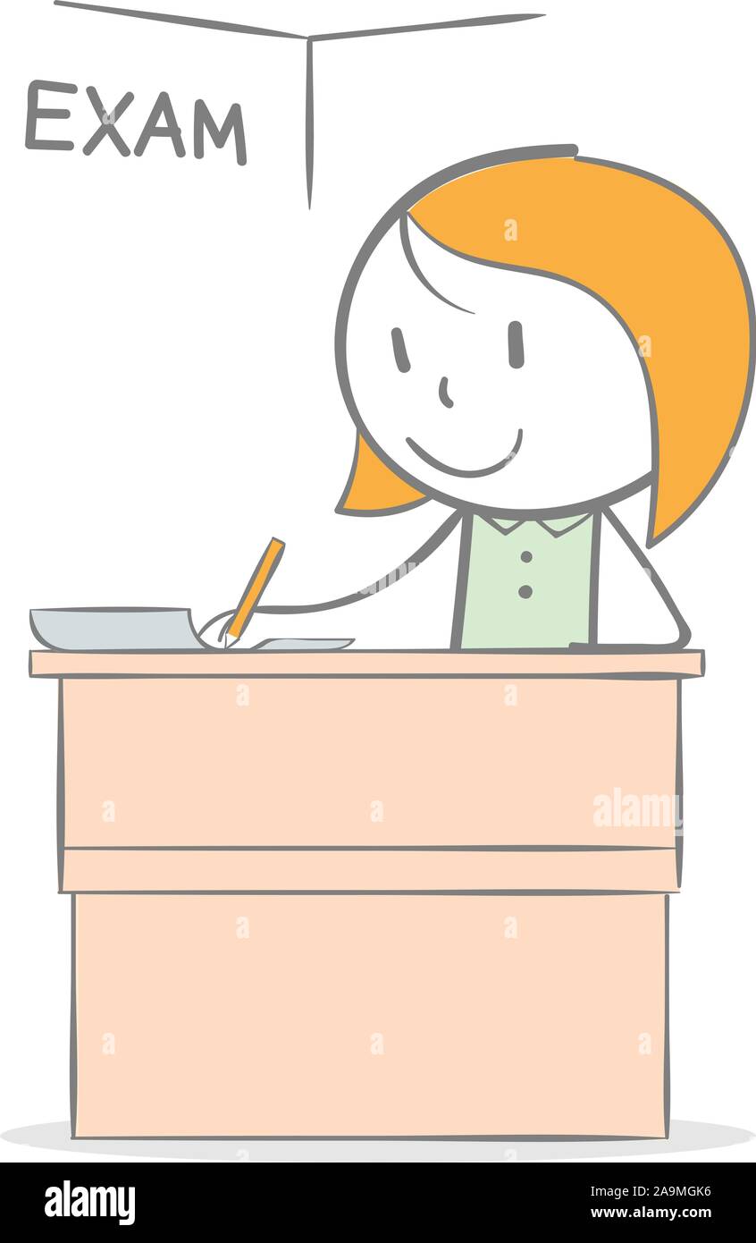 Doodle stick figure: A girl sitting on desk doing an exam Stock Vector