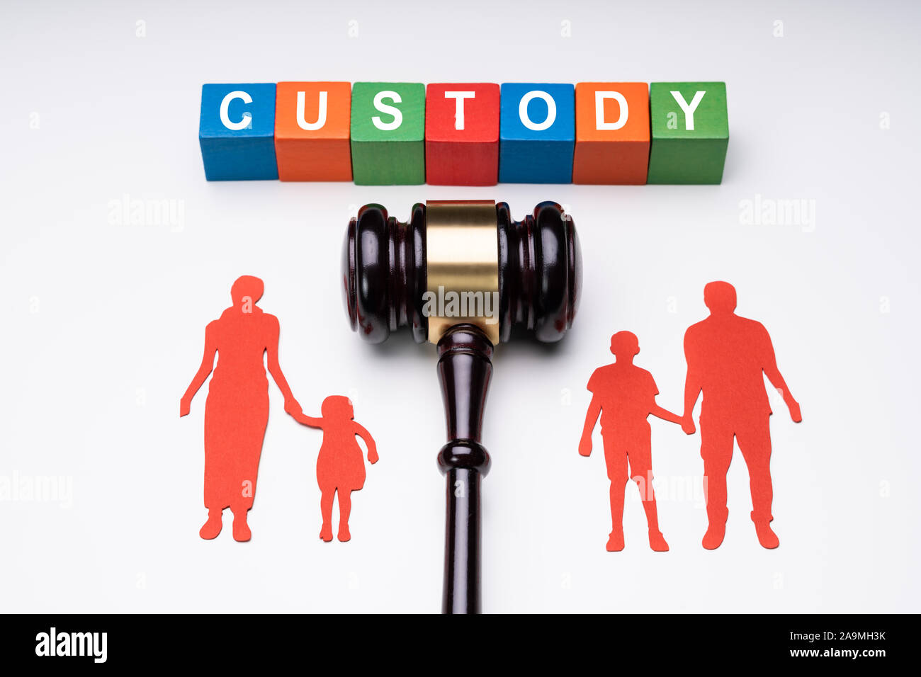 Colorful Blocks With Custody Text Above Separated Family Figure Paper Cutout And Judge Gavel Over White Surface Stock Photo