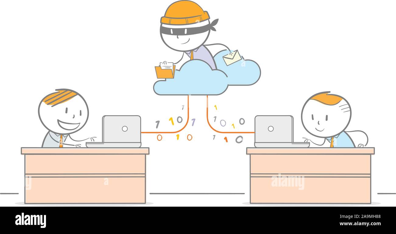 Doodle illustration of hacker hijacking cloud Data in a Network Stock Vector