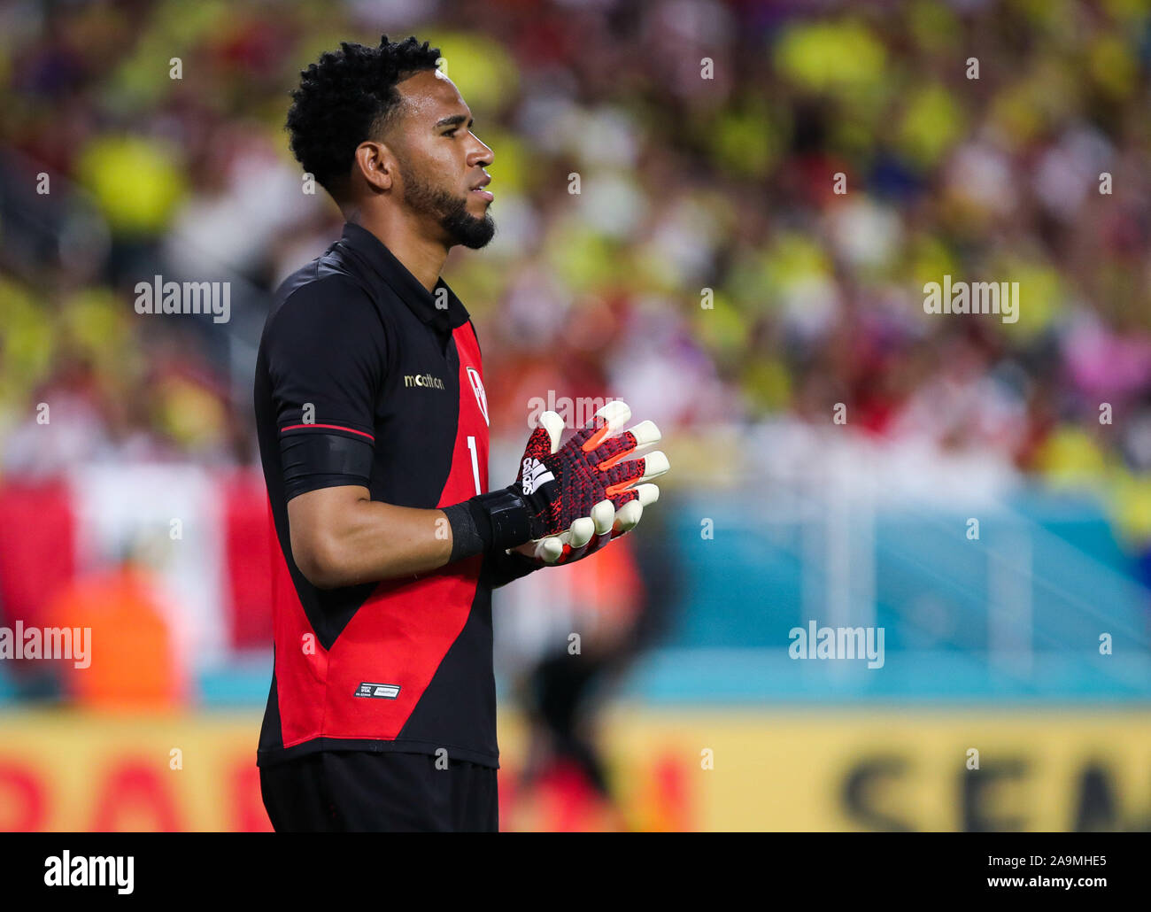 Miami Gardens, Florida, USA. 15th Nov, 2019. Peru goalkeeper Pedro Gallese (1) looks on during a friendly soccer match against Colombia at the Hard Rock Stadium in Miami Gardens, Florida. Credit: Mario Houben/ZUMA Wire/Alamy Live News Stock Photo
