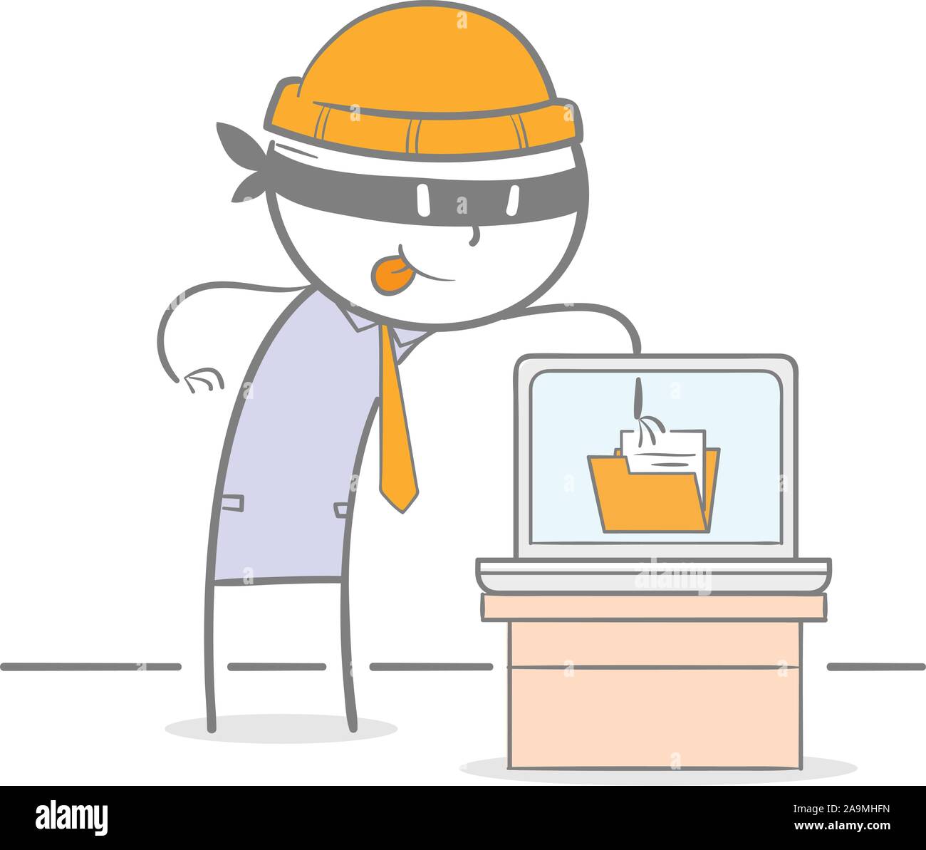 Doodle illustration of hacker stealing a data folder from computer Stock Vector