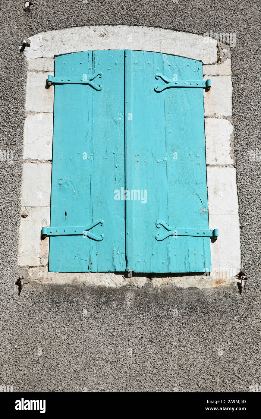 French window with closed Turquoise shutters, France Stock Photo - Alamy