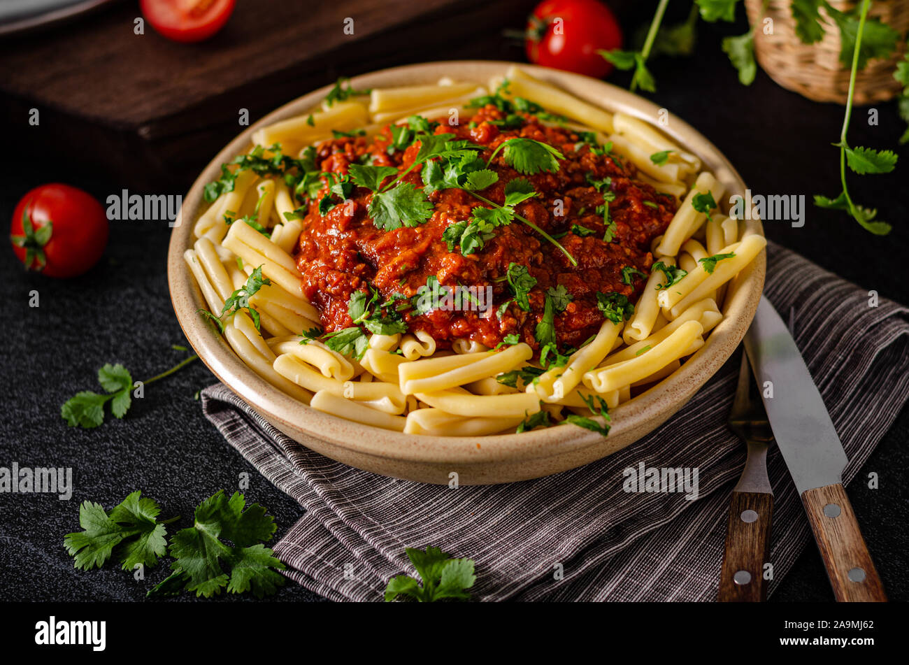 Delicious pasta with bolognese sauce with beef meat Stock Photo Alamy