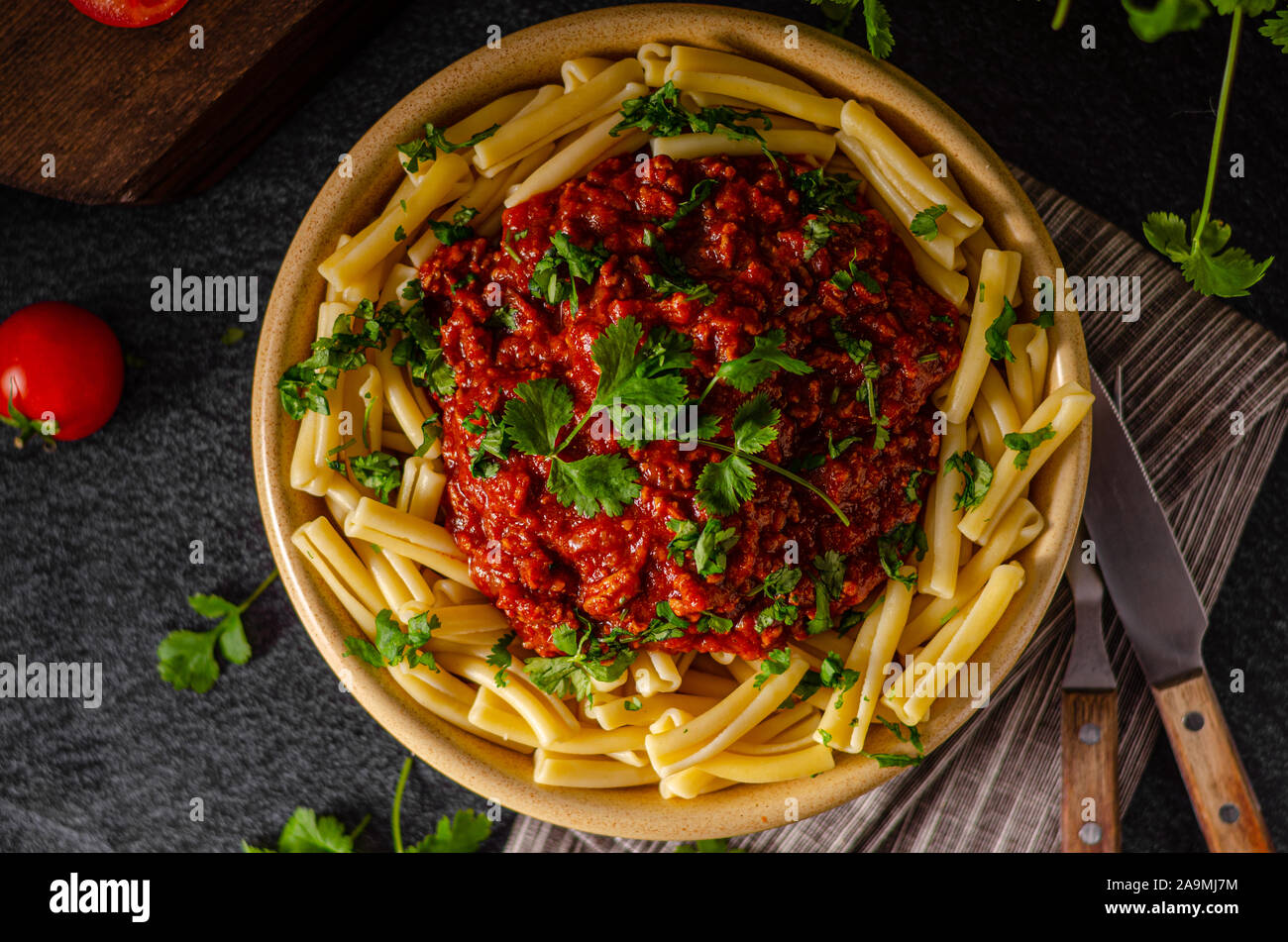 Delicious pasta with bolognese sauce with beef meat Stock Photo Alamy