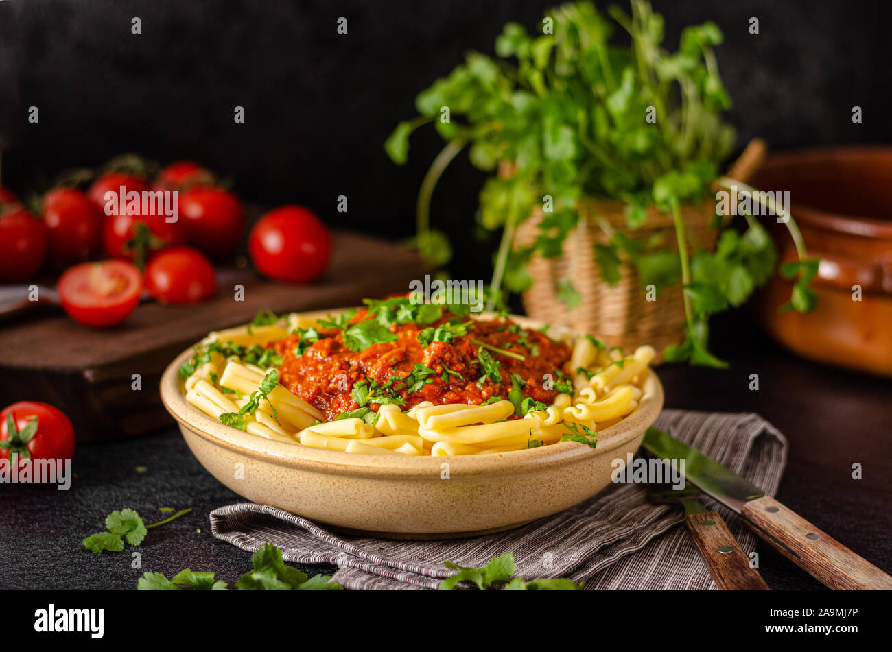 Delicious pasta with bolognese sauce with beef meat Stock Photo Alamy