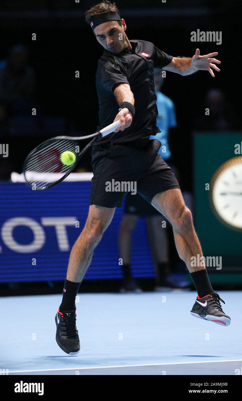 Arena. London, UK. 16th Nov, 2019. Nitto ATP Tennis Finals; Roger Federer  (SUI) plays a forehand shot in his match against Stefanos Tsitsipas (GRE) -  Editorial Use Credit: Action Plus Sports Images/Alamy