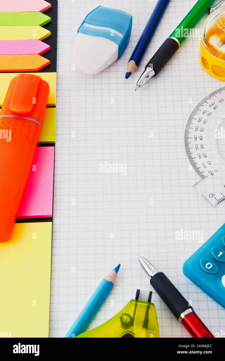 Various office supplies on white background Stock Photo