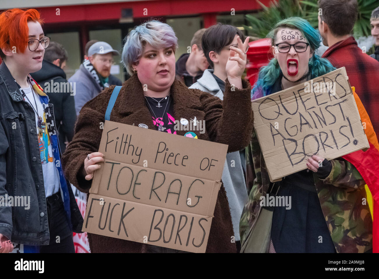 London, UK. 16th November 2019. Gay protesters from FCKBoris at Brunel University in Uxbridge  urging everyone to register and vote against Boris Johnson and kick him out for his racist, elitist politics.  Johnson had a majority of just over 5 thousand in 2017 and Labour candidate Ali Milani has strong hopes of beating him and the other 10 candidates. Peter Marshall/Alamy Live News Stock Photo