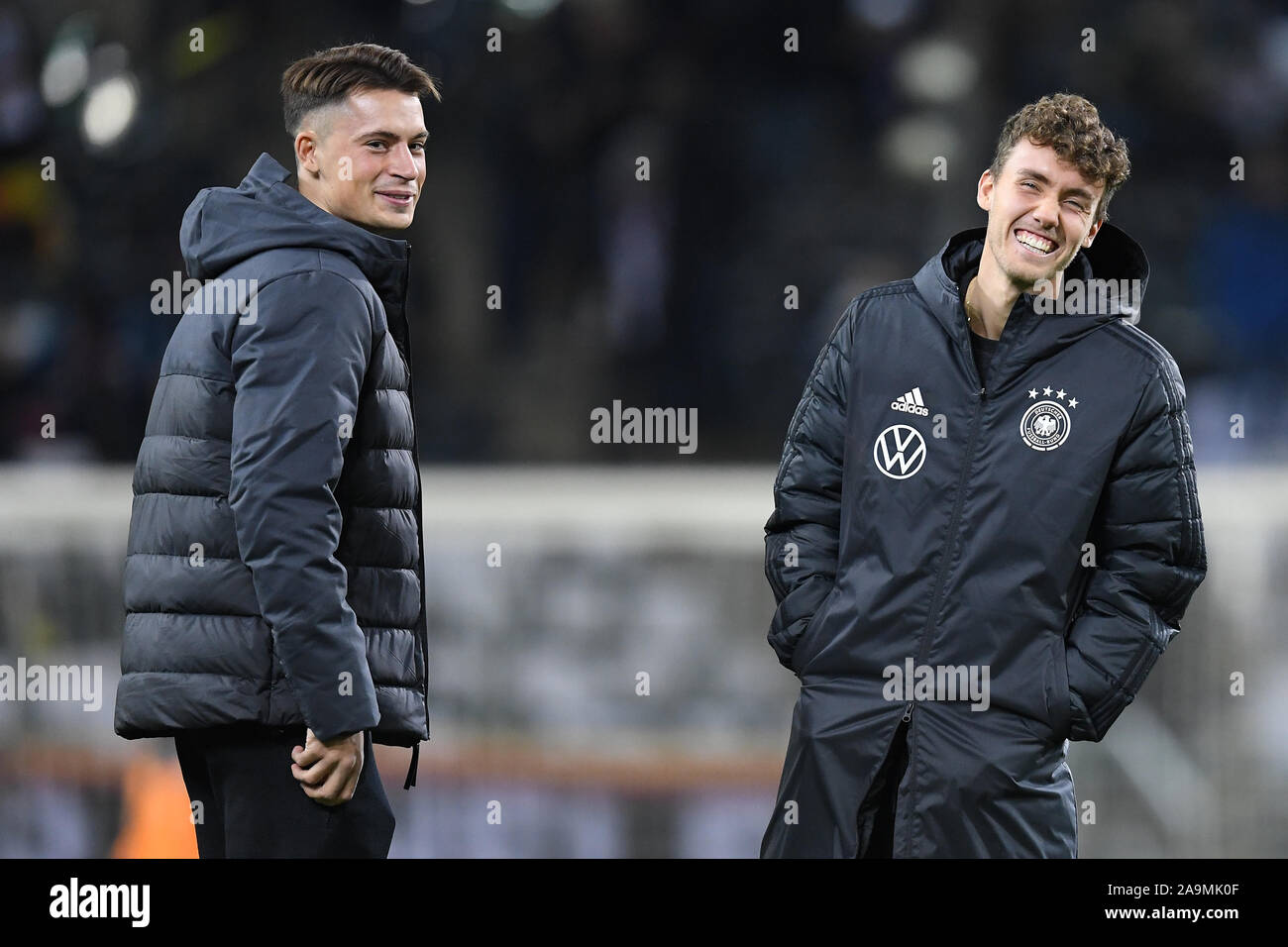 Robin Koch (Germany) and Luca Waldschmidt (Germany) laughs before the game  on the pitch. GES/Soccer/EURO Qualification: Germany - Belarus, 16.11.2019  Football/Soccer: European Qualifiers: Germany vs Belarus, Borussia  Monchengladbach, November 16, 2019