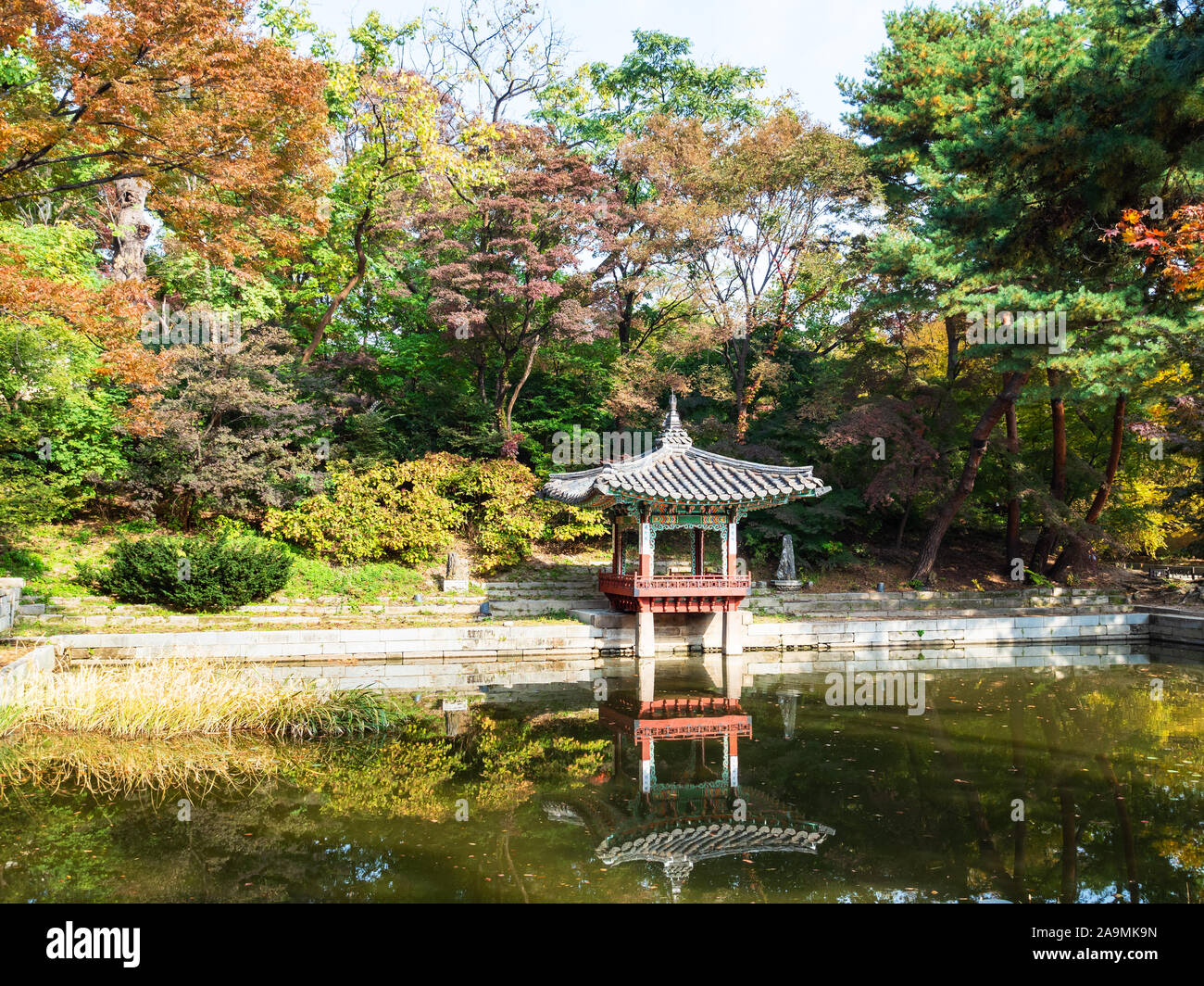 SEOUL, SOUTH KOREA - OCTOBER 31, 2019: Aeryeonjeong Pavilion and Aeryeonji pond in Huwon Secret Rear Garden of Changdeokgung Palace Complex in Seoul c Stock Photo