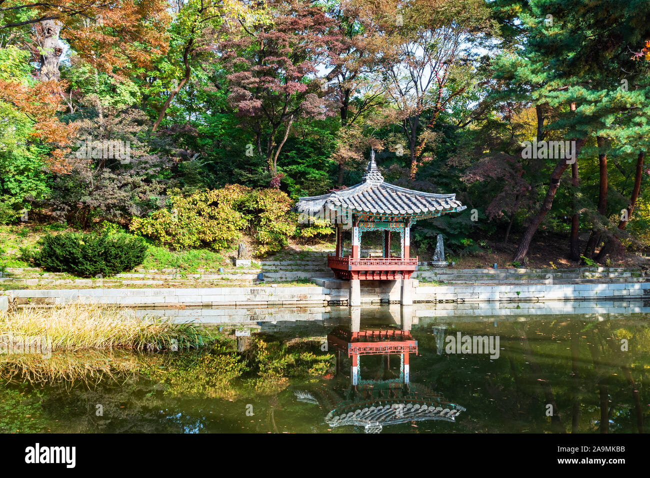 SEOUL, SOUTH KOREA - OCTOBER 31, 2019: ornamental Aeryeonjeong Pavilion and Aeryeonji pond in Huwon Secret Rear Garden of Changdeokgung Palace Complex Stock Photo