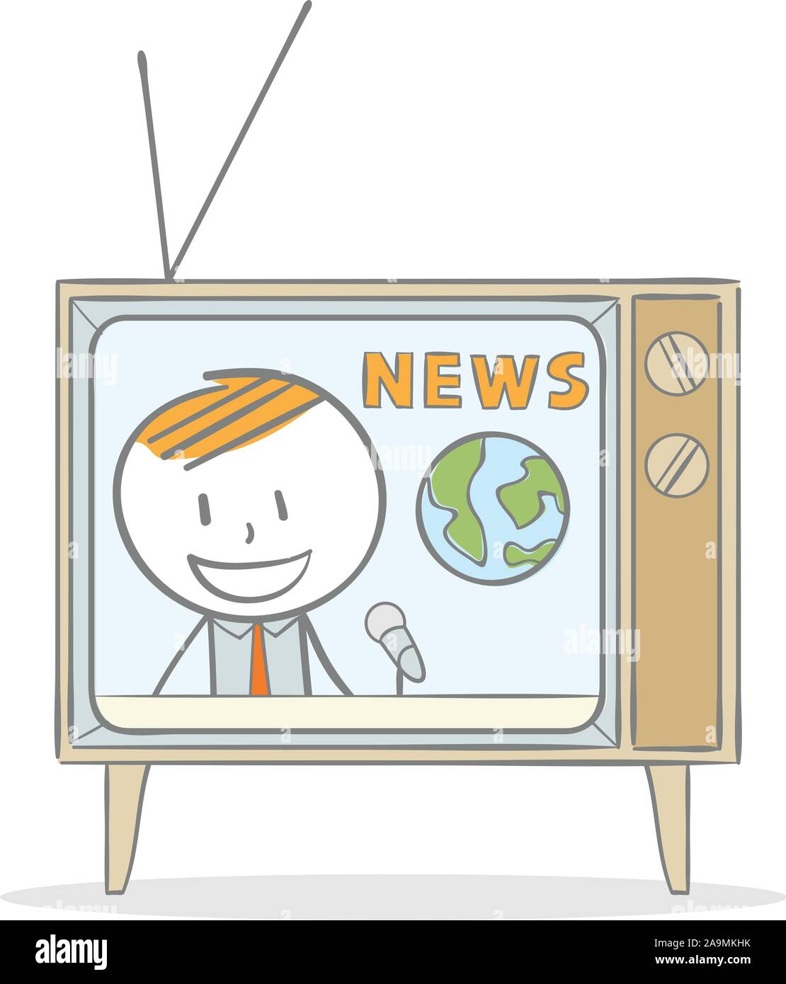 Doodle stick figure:Watching news programme on television Stock Vector
