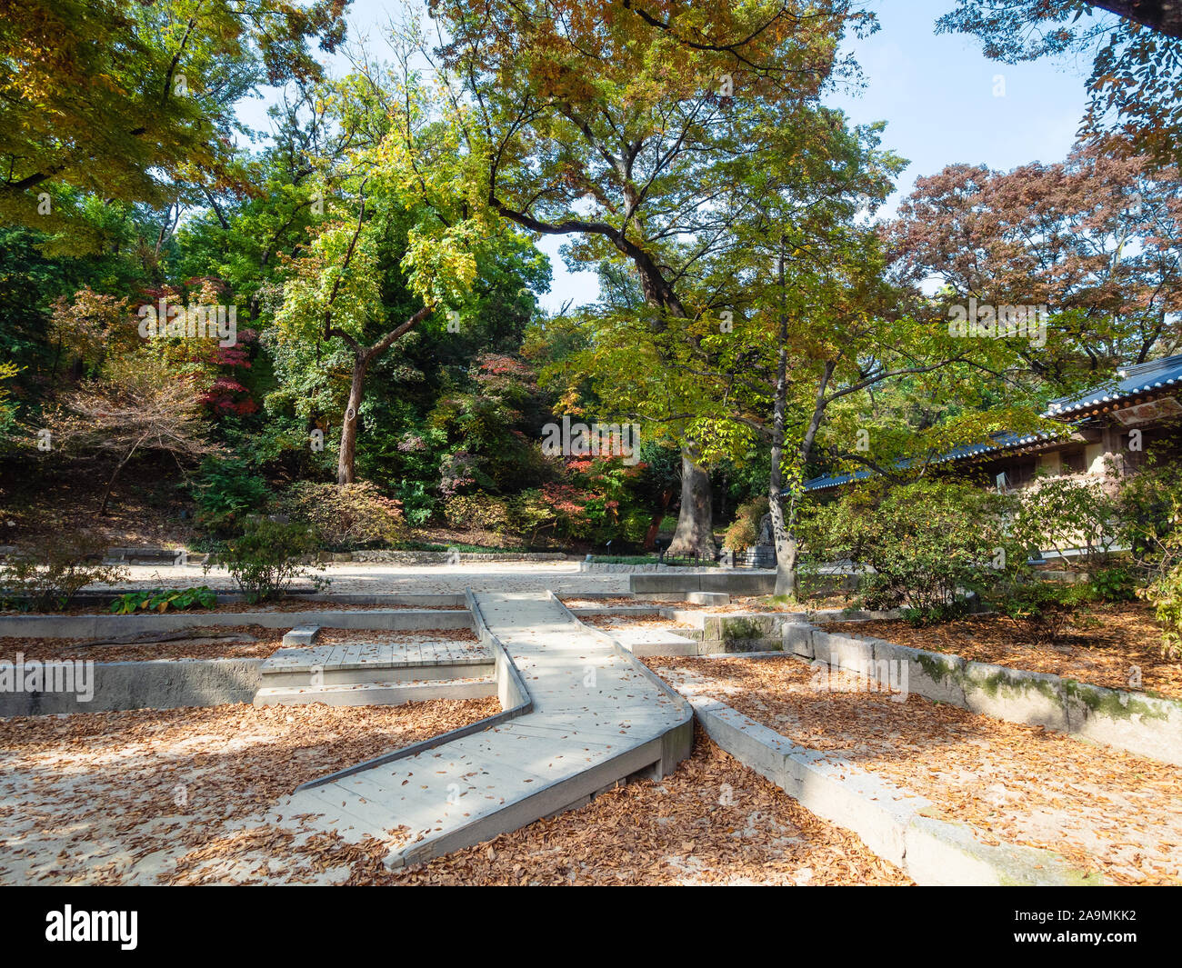 SEOUL, SOUTH KOREA - OCTOBER 31, 2019: pathes covered by fallen leaves in courtyard of Yeongyeongdang residence in Huwon Secret Rear Garden of Changde Stock Photo