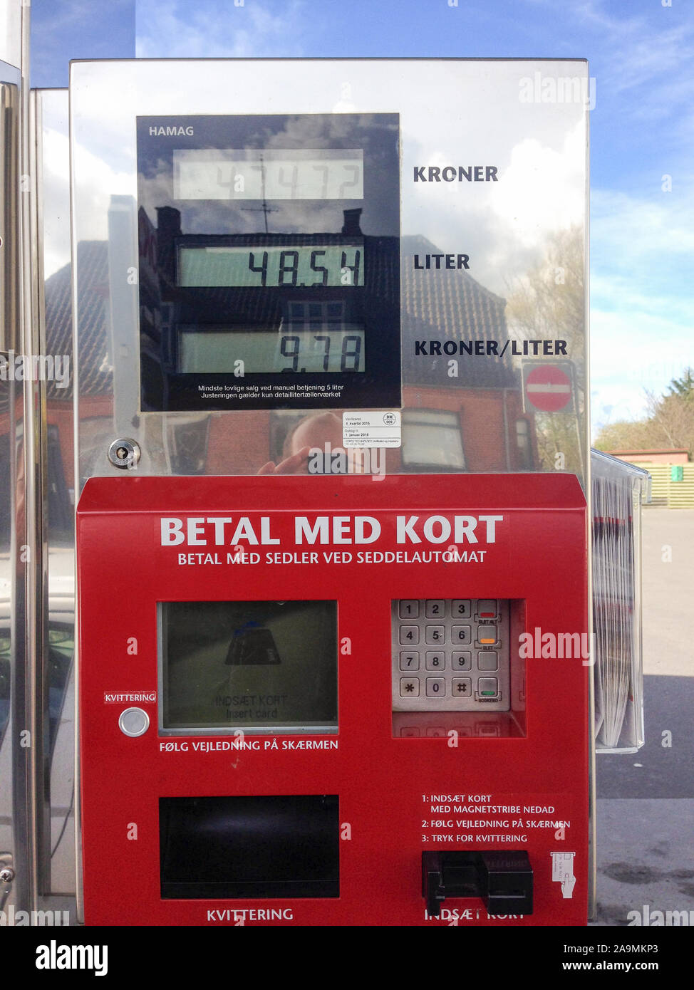 Danish fuel pump closeup with focus on the price per liter Stock Photo
