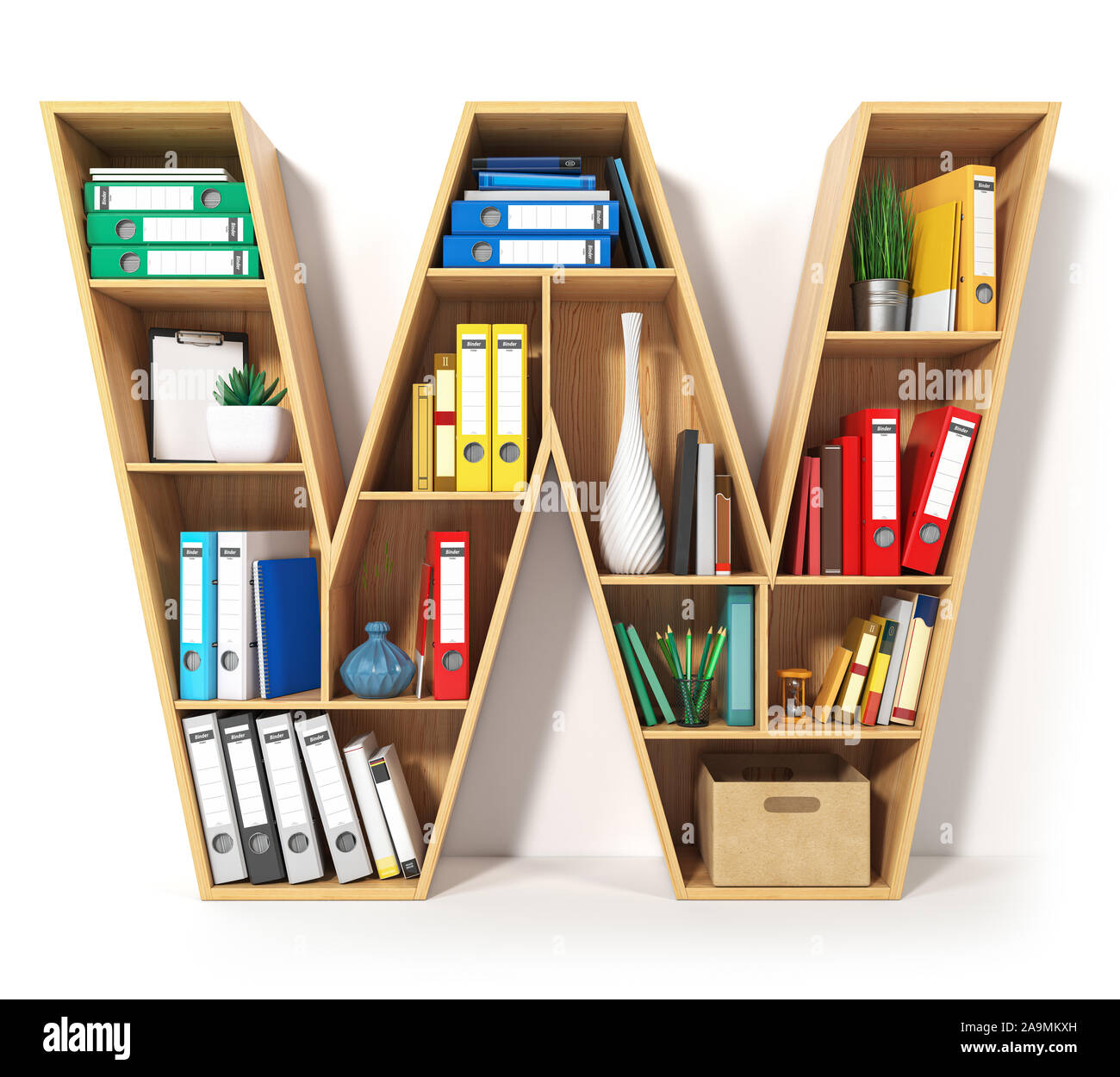 Letter W. Alphabet in the form of shelves with file folder, binders and books isolated on white. Archival, stacks of documents at the office or librar Stock Photo