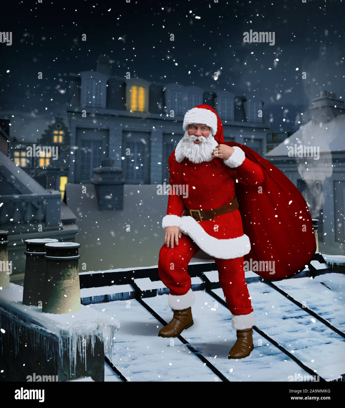 Santa Claus on snowcovered roof with bag full of gifts on Christmas eve, 3d render Stock Photo