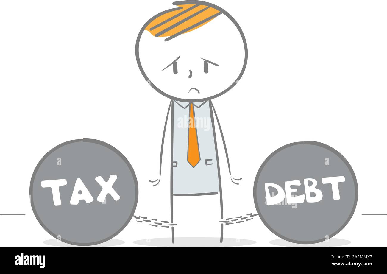 Doodle stick figure dragging a tax and debt metal balls and chains Stock Vector