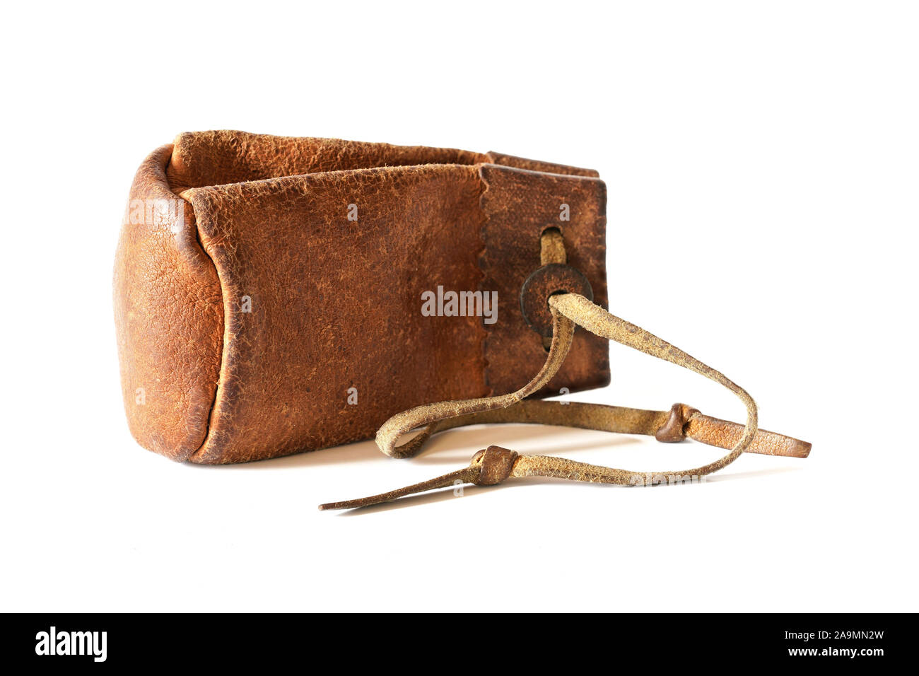 Old worn leather coin pouch isolated on white background Stock Photo