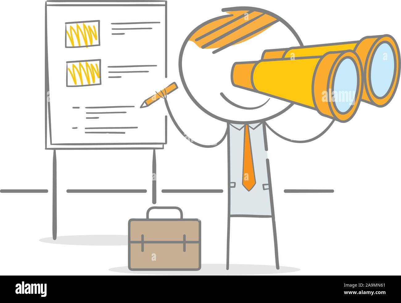 Doodle stick figure standing looking through a binocular and writing