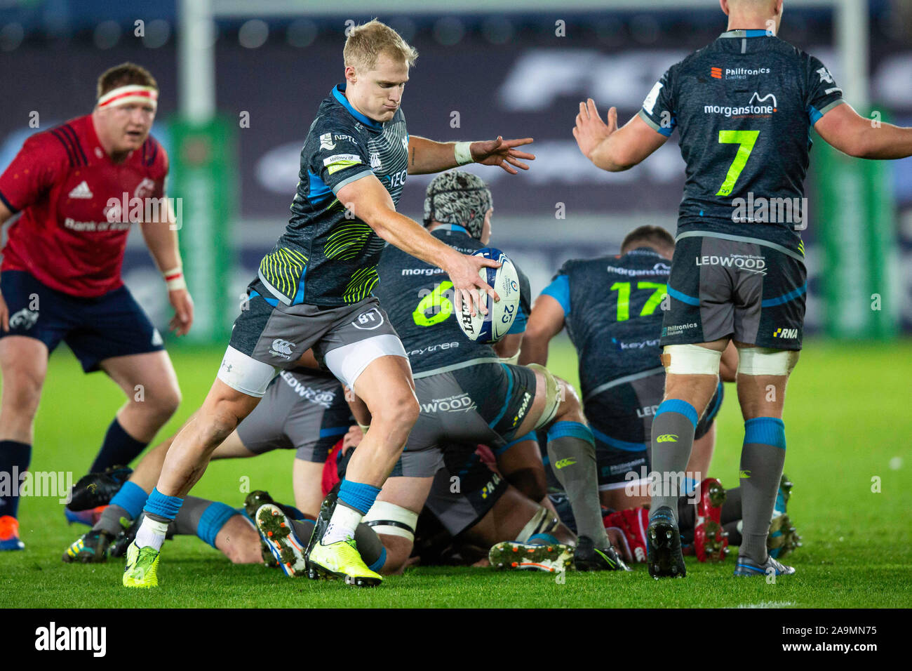 Swansea, UK. 16 November, 2019. Ospreys replacement Aled Davies kicks ...