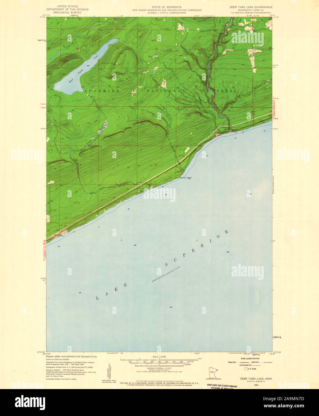 USGS TOPO Map MInnesota MN Deer Yard Lake 504323 1958 24000 Restoration Stock Photo