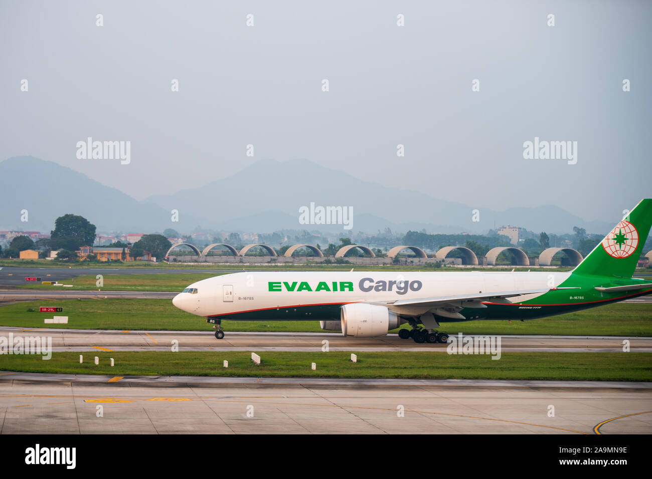 Hanoi, Vietnam - 23rd October 2019: An Eva Air Cargo plane gets ready