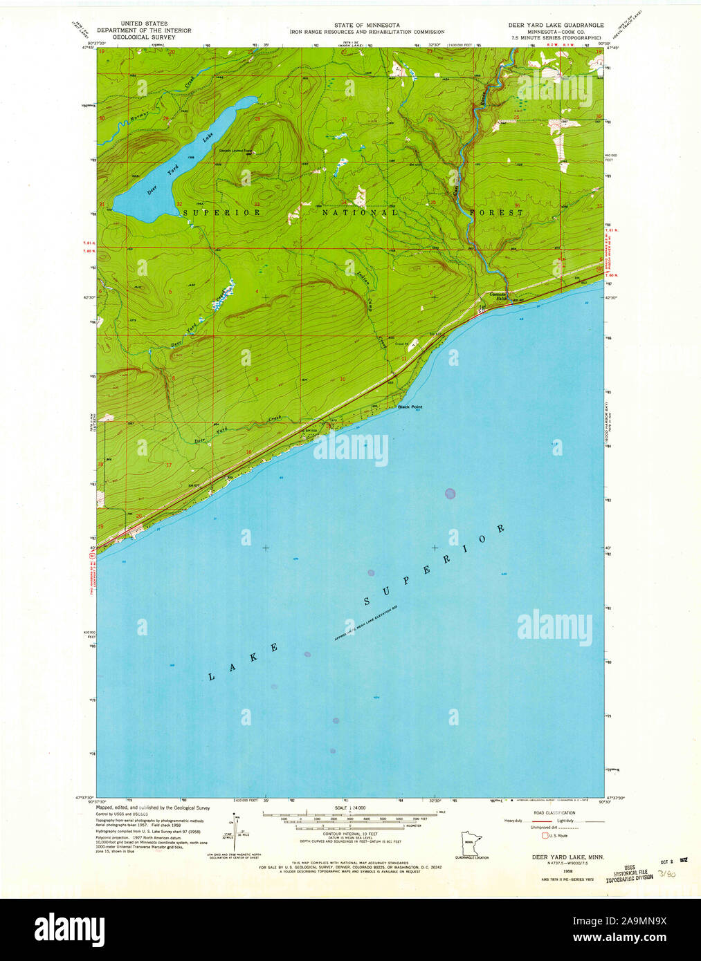 USGS TOPO Map MInnesota MN Deer Yard Lake 804582 1958 24000 Restoration Stock Photo