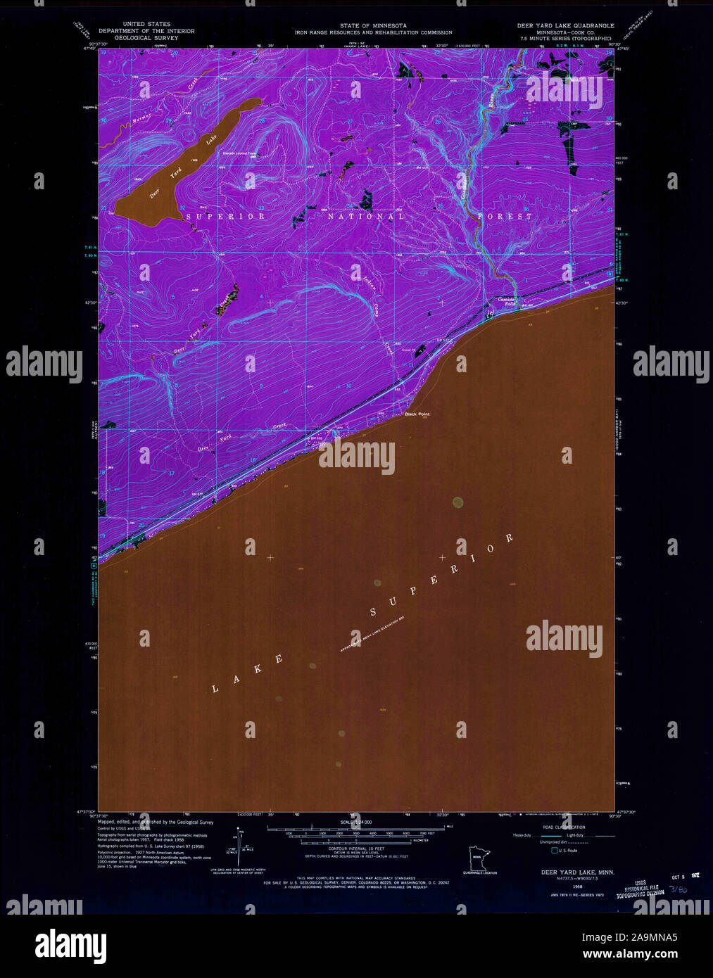 USGS TOPO Map MInnesota MN Deer Yard Lake 804582 1958 24000 Inverted Restoration Stock Photo