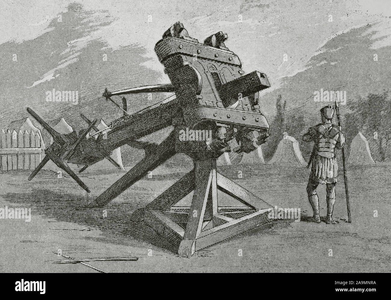 Ancient Age. Ballista or bolt thrower, ancient missile weapon. Engraving. Museo Militar, 1883. Stock Photo