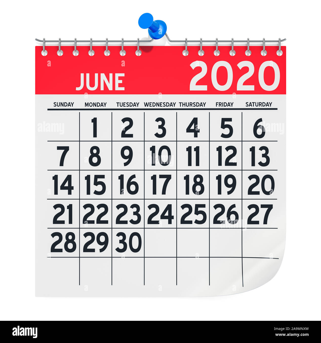 June 2020 Monthly Wall Calendar, 3D rendering isolated on white background Stock Photo