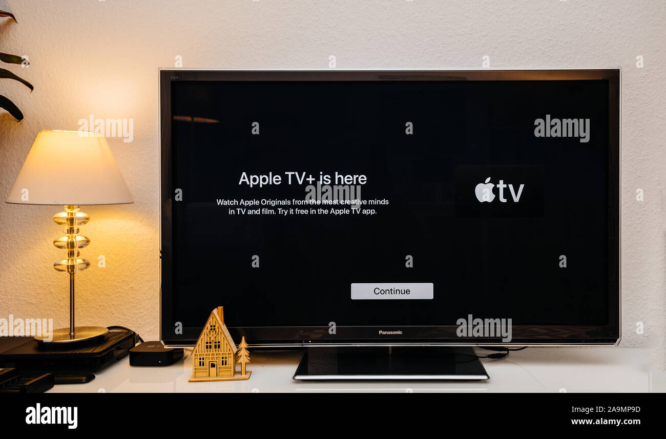 Paris, France - Nov 1, 2019: Apple TV plus is here message on living room  display with try for free continue button launch first day over-the-top  ad-free subscription video on demand web