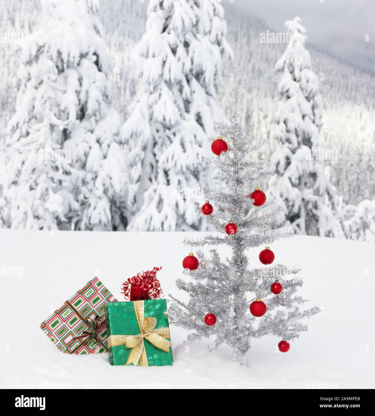 Christmas gifts under artificial tinsel tree outdoors with snowy mountain landscape background.  Actual photo shot in winter wilderness, not fake. Stock Photo