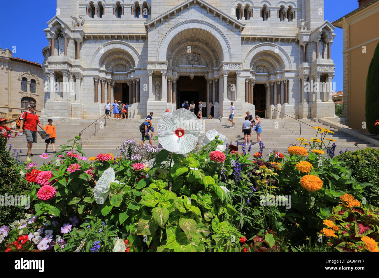 Cathédrale de Monaco and flowerbed with flowers in Monaco Stock Photo