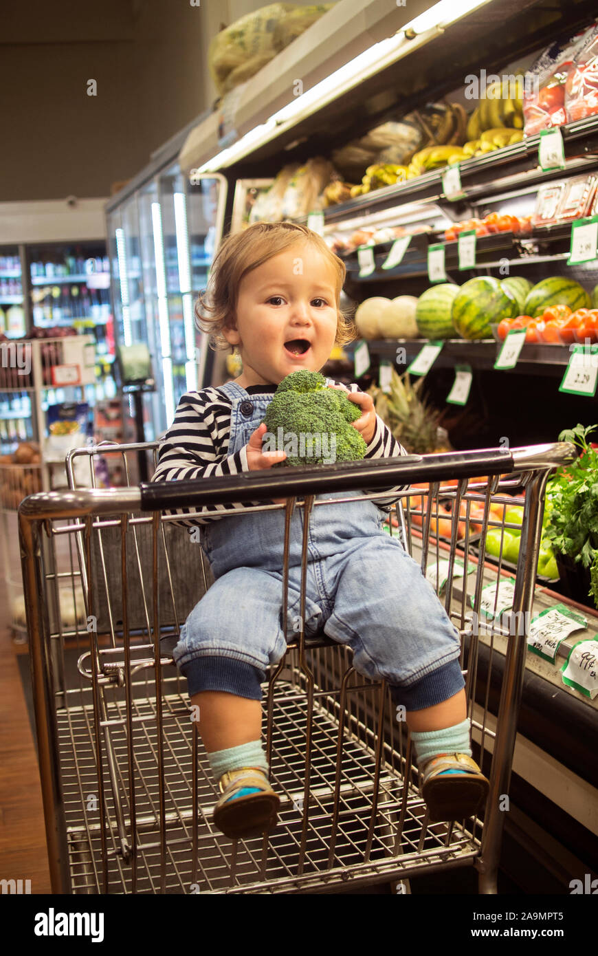 A smiling baby munches broccoli in the produce isle of a grocery Stock Photo