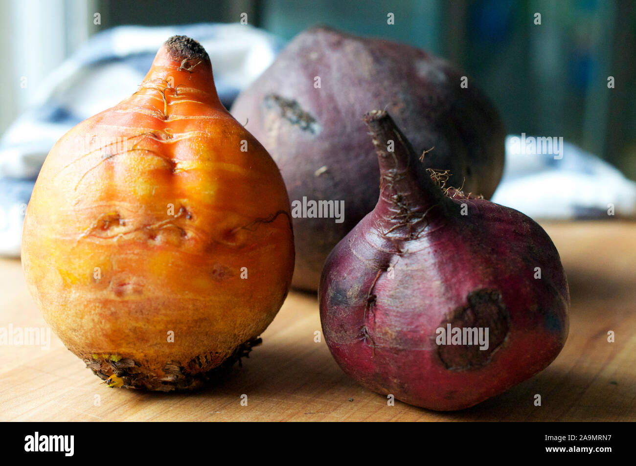 Portrait of Red and Orange Beets on a Wooden Cutting Board Stock Photo