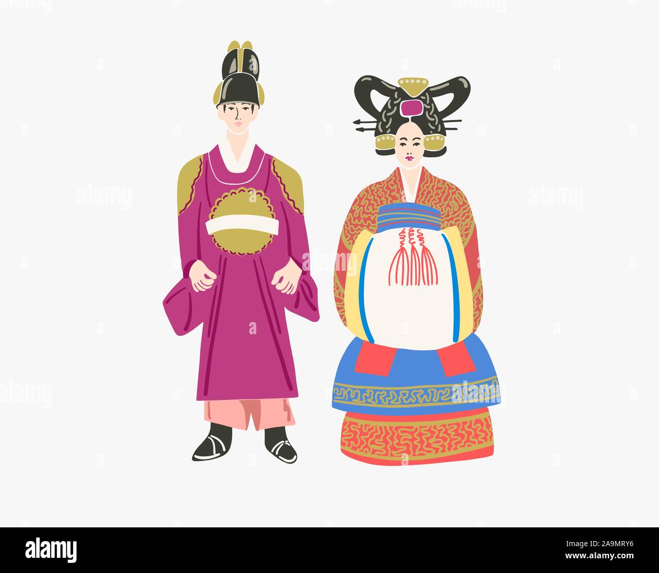 Couple In Traditional Korean Wedding Dresses Wear Korean Hanbok Costume Stock Vector Image Art Alamy