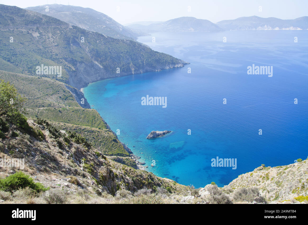 Azure waters of Mediterranean Sea near mountainous Crete island