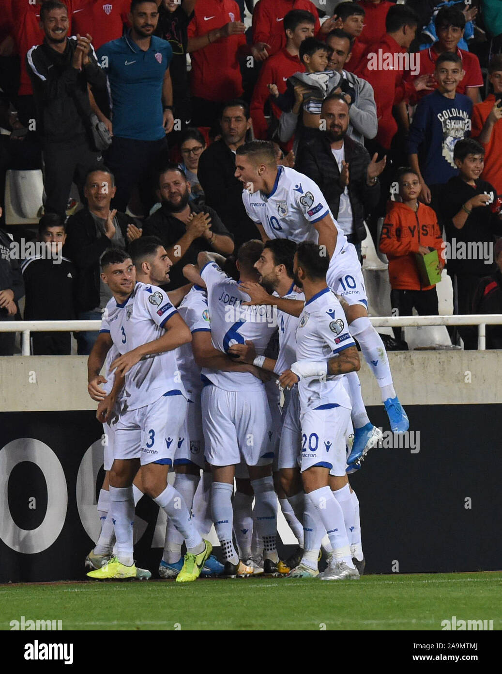 GSP Stadium Nicosia,Cyprus.16th Novenmber 2019 Football Cyprus vs Scotland UEFA EURO 2020 Qualifier .  George Efrem mobbed after  scoring Cyprus goal vs Scotland. Stock Photo