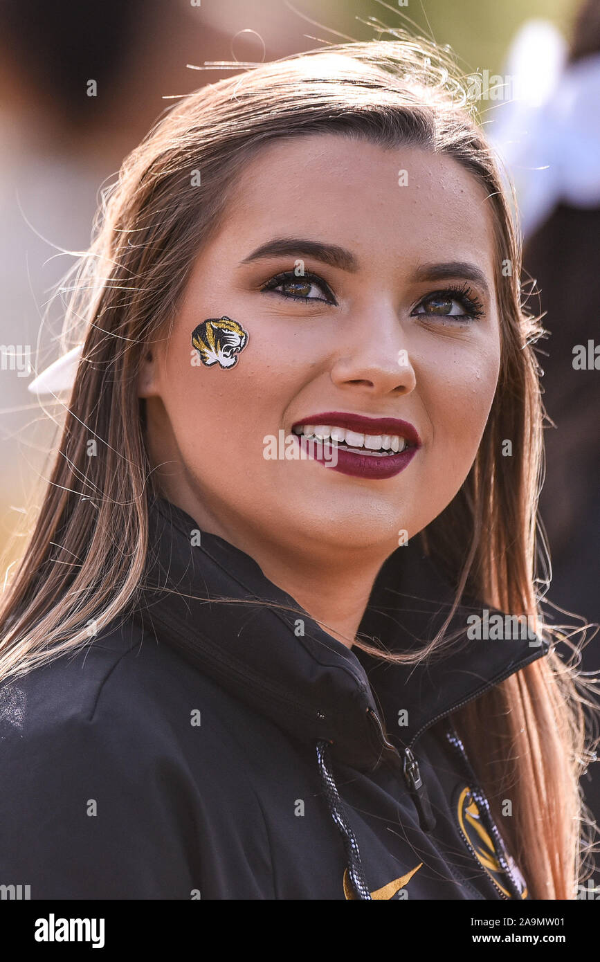 Nov 16, 2019: A Missouri Cheerleader watches the action on the display board during an SEC conference game where the Florida Gators visited the Missouri Tigers held at Faurot Field at Memorial Stadium in Columbia, MO Richard Ulreich/CSM Stock Photo